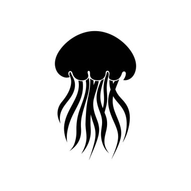 Beyaz arka planda siyah bir denizanasının silueti. Tasarım basit ve temizdir, simge, logo veya dekoratif element olarak kullanmak için idealdir.