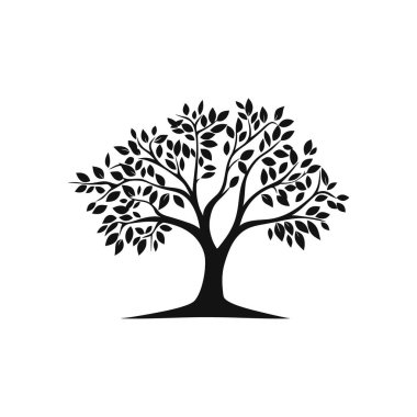 İzole edilmiş siyah ağaç silüeti vektör çizimi temiz beyaz arka planda dalları ve yaprakları olan yaprak döken bir ağaç gösteriyor. Tasarım basit ve modern..