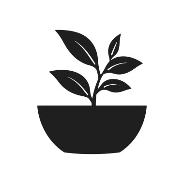 Tenceresinde yapraklar olan bir bitkinin izole edilmiş siyah vektör ikonu. Büyümeyi, doğayı, çevreyi ve bahçıvanlığı simgeler. Çevre dostu tasarımlar ve sürdürülebilir kavramlar için ideal.