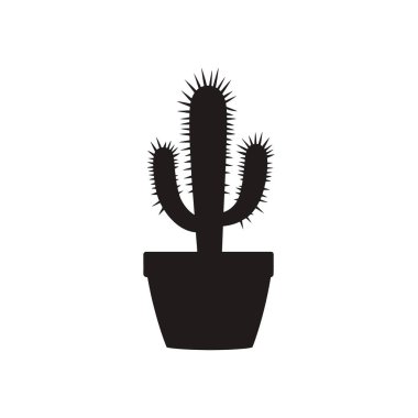 Tenceredeki saguaro kaktüsünün basit silüeti. Bu resimde keskin dikenli üç dallı bir kaktüs yer alıyor. Çok yönlü tasarım uygulamaları için beyaza izole edilmiş.
