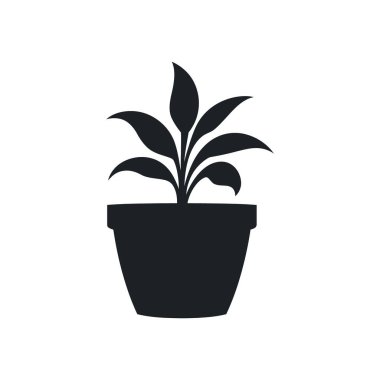 Tarzlanmış yaprakları olan izole bir saksı bitkisinin siyah silueti. Basit, modern ve beyaz bir arkaplanda sergileniyor. Minimum tasarımlar için harika..