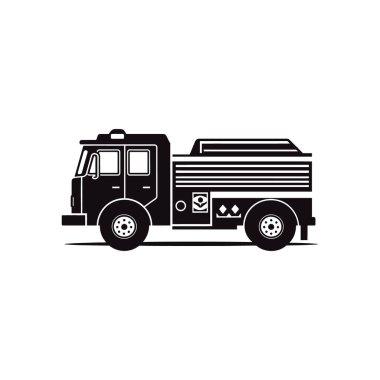 Beyaz arkaplana karşı bir su kamyonunun yan görünümünü içeren siyah vektör resimleme, görsel uygulamalar için ideal olan siluet ve tasarım unsurlarını sergiliyor.