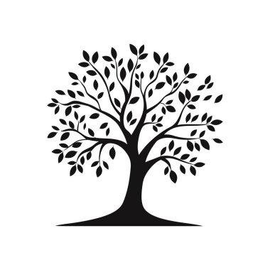 Detaylı dalları ve beyaz arka planda yaprakları olan siyah bir ağacın silüeti. Ekolojik tasarımlar, doğa temalı sanat eserleri ve basit grafik ihtiyaçları için ideal..