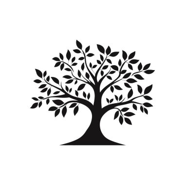Dalları yapraklı bir ağacın siyah vektör silueti. Temiz ve basit doğa ikonu. Yaşam, büyüme ya da aile ağacı tasarımı için sembol. Beyaz arkaplan.