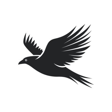 Beyaz arka planda uçan siyah bir kuşun minimalist vektör çizimi. Bu basit tasarım logolar, simgeler ve grafik elementler için mükemmeldir..
