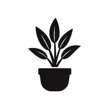 Belirgin yaprakları olan basit bir siyah saksı ikonunu gösteren vektör grafiği. Beyaz arkaplan üzerinde minimalist tasarım, logolar veya tasarımlar için ideal.