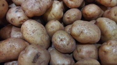 Markette sebze tezgahında satılan patates yığını, vejetaryen yemekleri, sağlıklı yiyecekler.