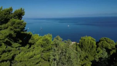 Çam ağaçlarının arasından yükselen kamera yaz güneşinde Sicilya 'nın Cefalu kasabasının ve Akdeniz' in kırmızı çatılarına bakıyor..