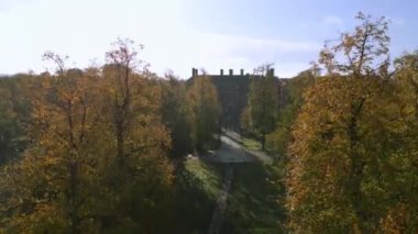 Aerial of Ham House Ulusal Vakfı. Drone sonbahar ağaçlarının arasından sabahın erken saatlerinde kalkar, evi ve bahçeleri ortaya çıkarmak için.