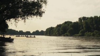 İnsanlar Tisza nehrinde küçük teknelerde yelken açarken uzun kuyruklu mayıs sinekleri etrafta uçuyor.