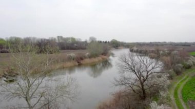 Nehrin ortasında küçük bir teknesi ve ağaçları olan bir nehir manzarası.
