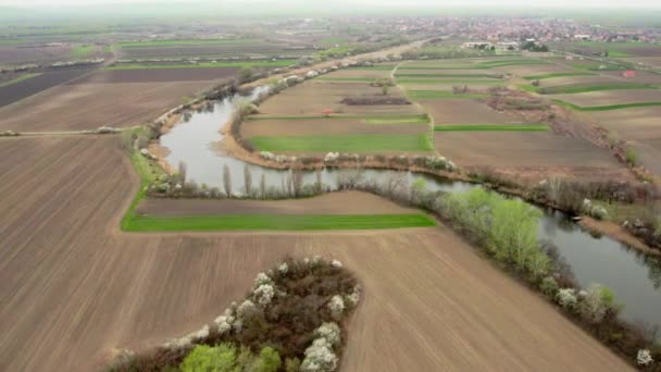 Drone Disparo Encantadora Belleza Río Graciosamente Serpenteando Camino Través Los — Vídeos de Stock