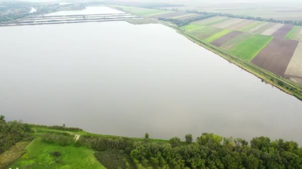 Órbita Aérea Disparada Redor Lagoa Peixes Cercada Por Campos Agrícolas — Vídeo de Stock