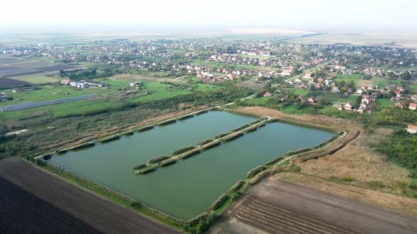周辺の農業分野を有する町の隣にある魚池の空中観察 — ストック動画