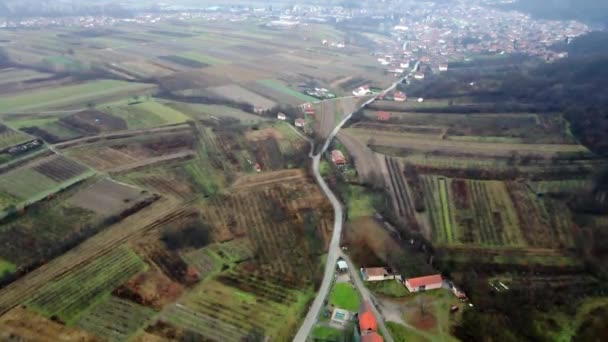 Вид Воздуха Сельскохозяйственные Поля Городе Лесковац Подножия Горы Сербии Холодный — стоковое видео