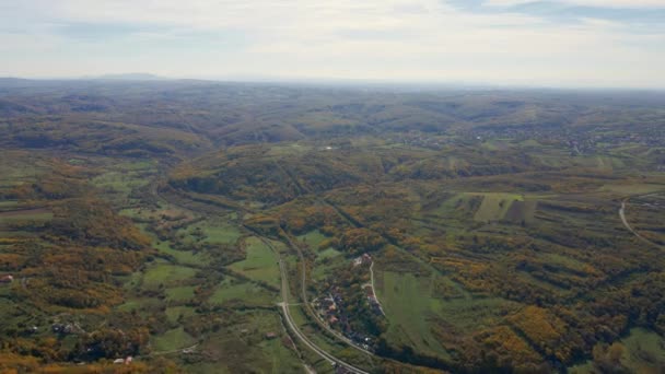 Luftaufnahme Von Landschaft Grünen Wiesen Und Wäldern Ringsum Dorf Der — Stockvideo