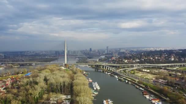 Flygbilder Modern Bro Över Floden Sava Upptagen Trafik Stad Belgrad — Stockvideo