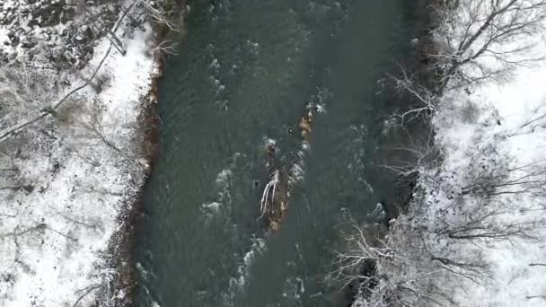 セルビアのクリルジェヴォで冬に流れる川Ibarの上を飛行するドローン — ストック動画