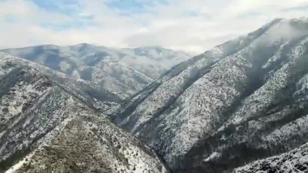 Přes Mlhavé Závoje Mraků Vynořuje Úchvatný Pohled Zasněžené Hory — Stock video