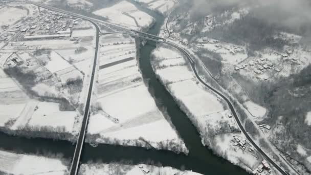 Ibar Batı Morava Nehirlerinin Birleşiminin Hava Görüntüleri Karla Kaplı Bir — Stok video