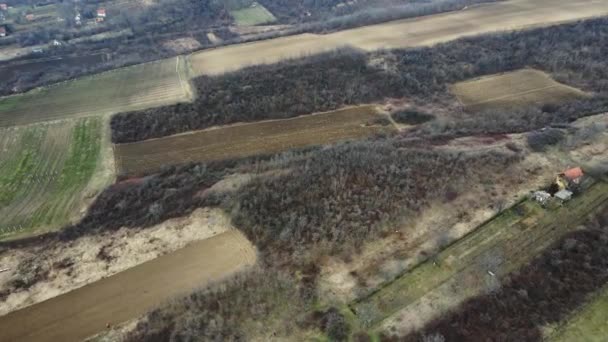 セルビアの森林地帯に囲まれた農地の空中観察 — ストック動画