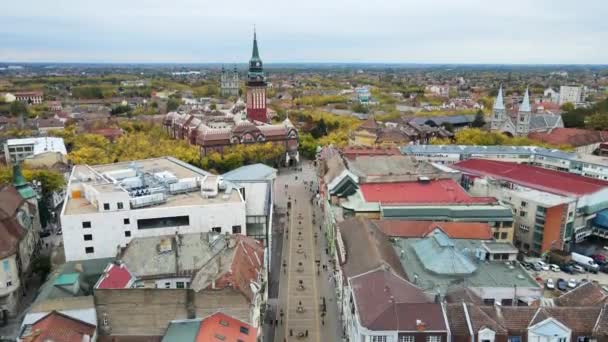 Beklimming Drone Vangt Centrum Van Stad Subotica Servië Bewolkte Herfstdag — Stockvideo