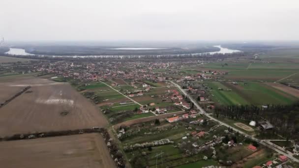 Aerial View Agricultural Fields Town Surcin Serbia Cloudy Day — Stock Video