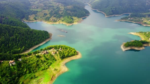 Sırbistan Zaovine Kentindeki Turkuaz Gölü Üzerinde Ağaçlarla Yeşil Sahilin Muhteşem — Stok video