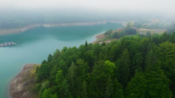 Piękny Mglisty Krajobraz Niebieskim Jeziorem Lasami Brzegu Zaowvine Serbia — Wideo stockowe