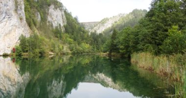 Sırbistan 'ın Zaovine kentinde dağlarla çevrili bir göl manzarası