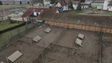 Sırbistan 'ın Ub köyünde kuşhane dolusu sülün ve tavuk, insansız hava aracı POV