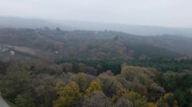 Drone sis içinde Vrdnik köyü yakınlarındaki Fruska Gora dağında ormanın üzerinde uçuyor.