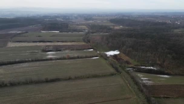 Drone Vliegt Overstroomde Velden Bij Somber Weer Servië — Stockvideo