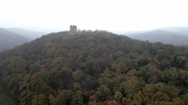 ドローンは 霧の天気でセルビアのヴルドニクの丘の上の古いタワーに向かって飛ぶ — ストック動画