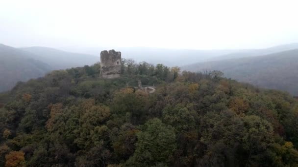 Letecký Pohled Pozůstatky Staré Věže Vrdníku Kopci Obklopeném Lesy Mlze — Stock video