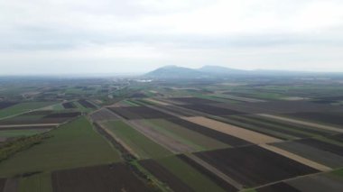 Sırbistan 'ın Vrsac kentinde arka planda tepeler bulunan tarım sahalarının havadan görünüşü
