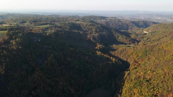 エアリアルビューは セルビア西部の晴れた秋の日に木造の丘の景色を撮影します — ストック動画