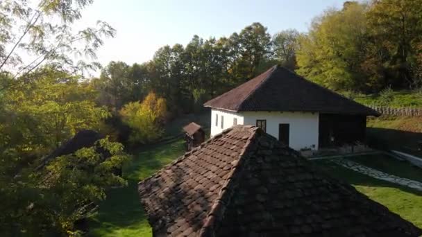 Małe Stare Domy Otoczone Lasem Świetle Słonecznym — Wideo stockowe