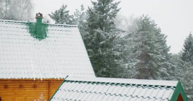 Sırbistan 'ın Zlatibor kentinde kar yağışı battaniyeli yeşil çatılar ve daima yeşil ağaçlar
