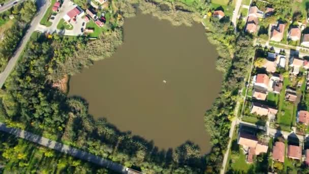 Drone Flies Fish Pond Zitiste Serbia Sunny Autumn Day — Stock Video