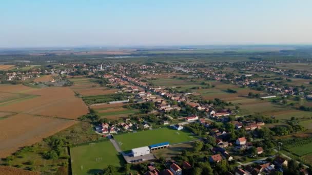 Aerial View Green Golden Cultivated Fields Surrounding Small Village Belegis — Stock Video