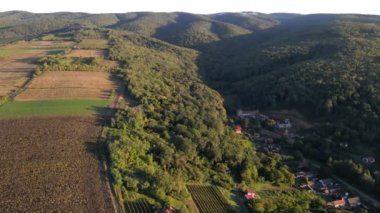 Tarım arazileri ve tepe bölgesinde bir gölü olan hava manzarası.