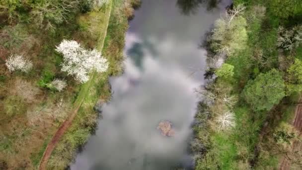Ciel Nuageux Reflétant Surface Lac Ondulé Capturé Par Drone Ascendant — Video