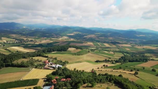 Luftaufnahme Eines Flickenteppichs Aus Landwirtschaftlichen Feldern Wäldern Und Bergen Bewölkten — Stockvideo