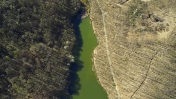 Vue Aérienne Lac Bela Reka Entouré Arbres Stériles Maisons Campagne — Video
