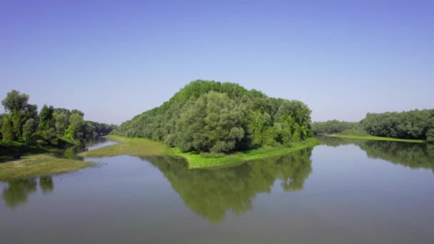 Όμορφα Εναέρια Πλάνα Μιας Δασωμένης Γης Που Περιβάλλεται Από Λίμνη — Αρχείο Βίντεο