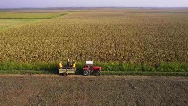 Dron Sleduje Traktor Přívěsem Plným Lovců Projíždějících Přes Pole — Stock video