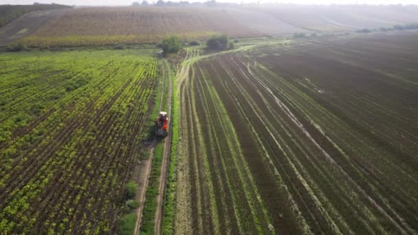 Drohne Folgt Einem Traktor Voller Menschen Der Durch Bestellte Felder — Stockvideo