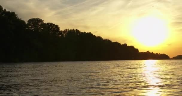 Theiß Blüten Fliegen Sonnenuntergang Über Dem Fluss Vom Boot Aus — Stockvideo