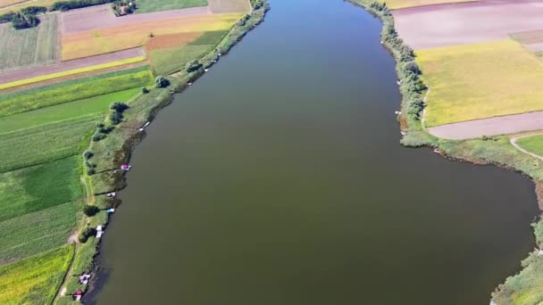 カラフルな栽培された畑に囲まれた大きな湖の上を飛ぶドローン — ストック動画